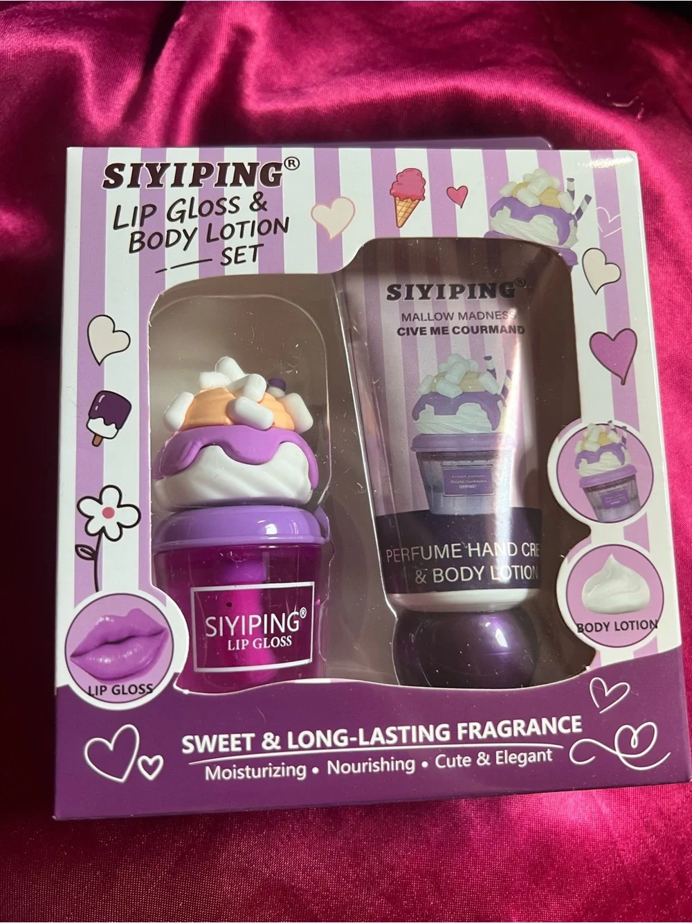 Purple Lip Gloss & Body Lotion Set - Sweet Fragrance